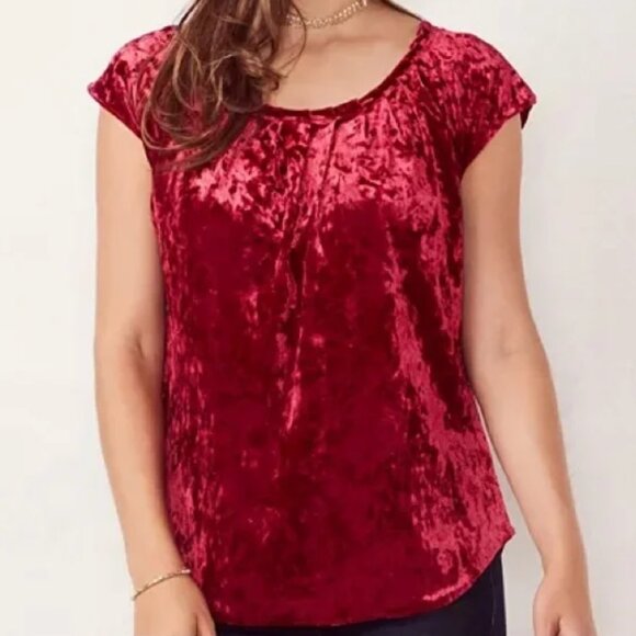 LAUREN CONRAD Pleated Crushed Velvet Top Red Short Cap Sleeve Velour Blouse S - Picture 1 of 10
